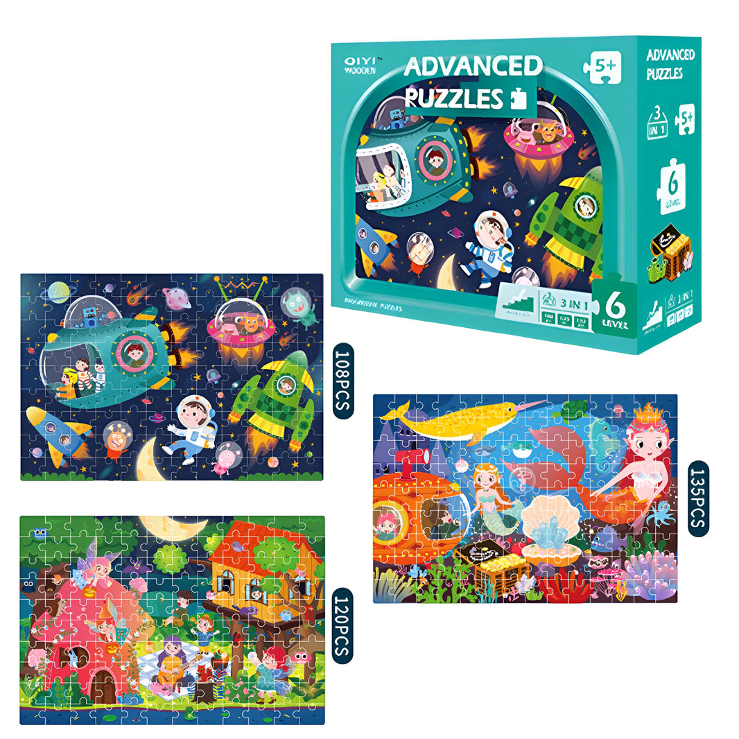 Puzzle 3 en 1 - Universo - bajo el mar - Campamento