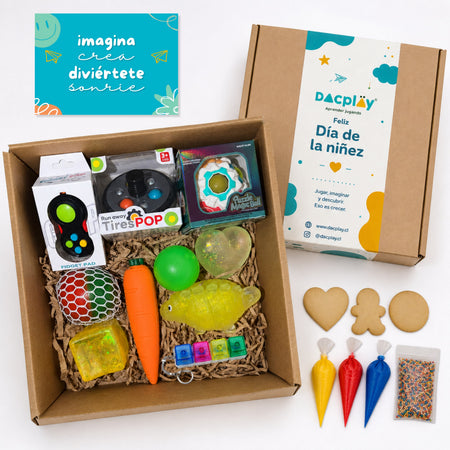 Sensory Box - Caja de Regalo para el Día del Niño - 10 Juguetes Sensoriales + Set de Galletas para Personalizar + Postal de Regalo