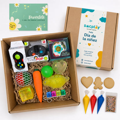 Sensory Box - Caja de Regalo para el Día del Niño - 10 Juguetes Sensoriales + Set de Galletas para Personalizar + Postal de Regalo
