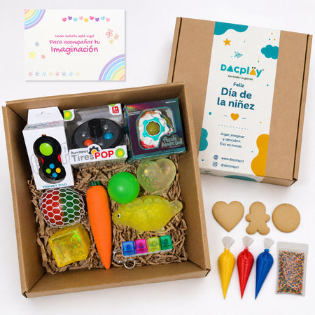 Sensory Box - Caja de Regalo para el Día del Niño - 10 Juguetes Sensoriales + Set de Galletas para Personalizar + Postal de Regalo