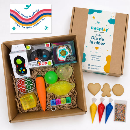 Sensory Box - Caja de Regalo para el Día del Niño - 10 Juguetes Sensoriales + Set de Galletas para Personalizar + Postal de Regalo