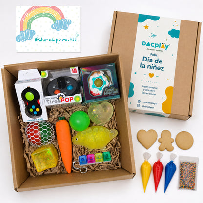 Sensory Box - Caja de Regalo para el Día del Niño - 10 Juguetes Sensoriales + Set de Galletas para Personalizar + Postal de Regalo