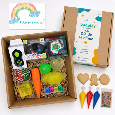 Sensory Box - Caja de Regalo para el Día del Niño - 10 Juguetes Sensoriales + Set de Galletas para Personalizar + Postal de Regalo